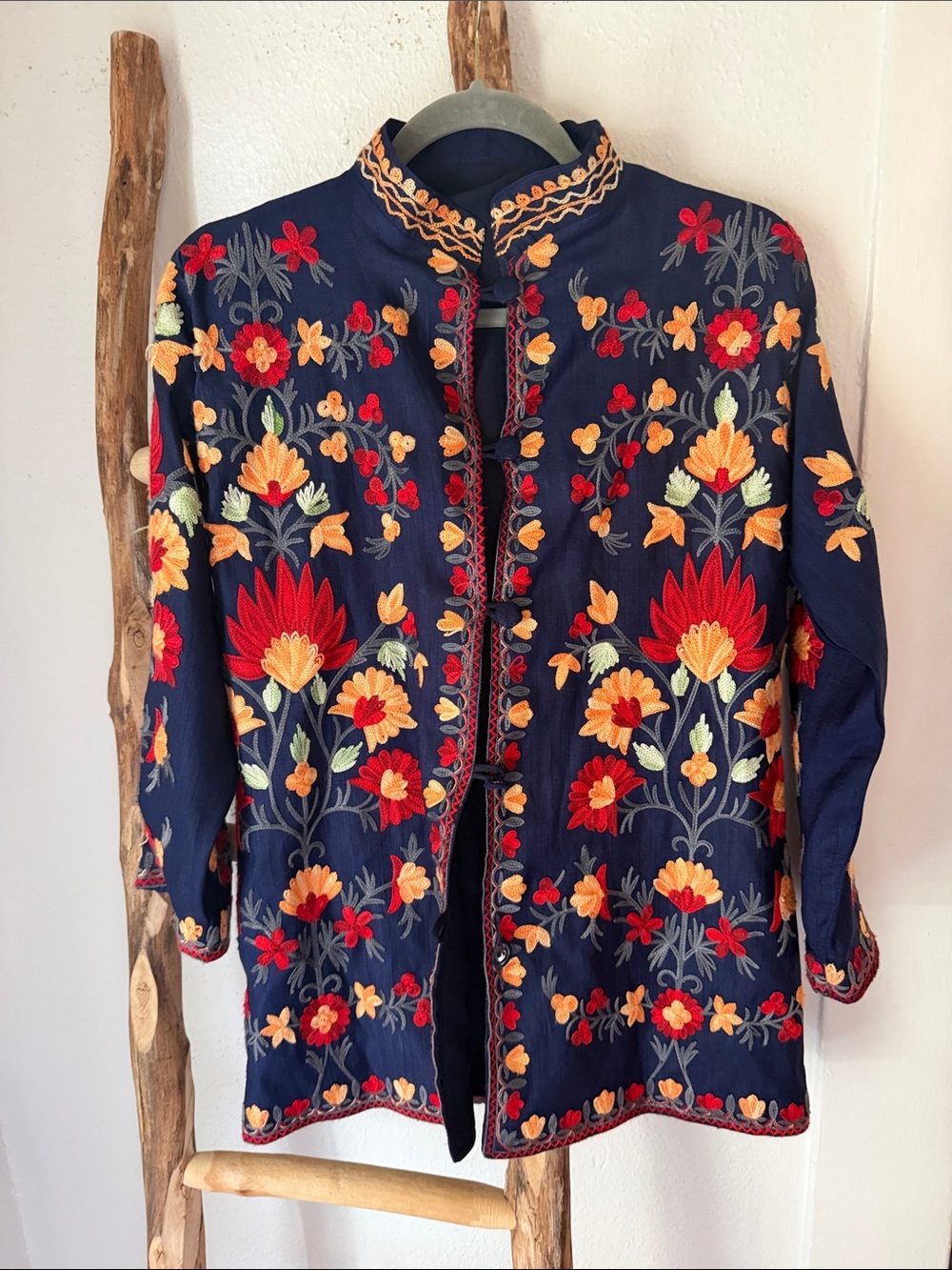 Vintage Navy Embroidered Floral Jacket Red Orange Mandarin Collar S/M